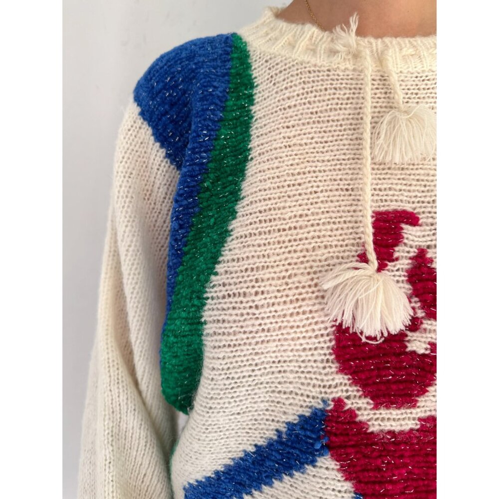 80s vintage colorful sparkly floral abstract print knit sweater with pom poms - Picture 8 of 10